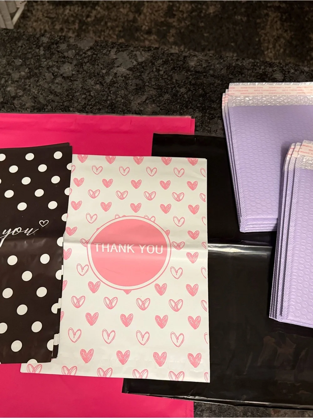 Bundle of 35 PolyMailers Assorted Sizes & Colors Hearts Dots Pink Black Purple
